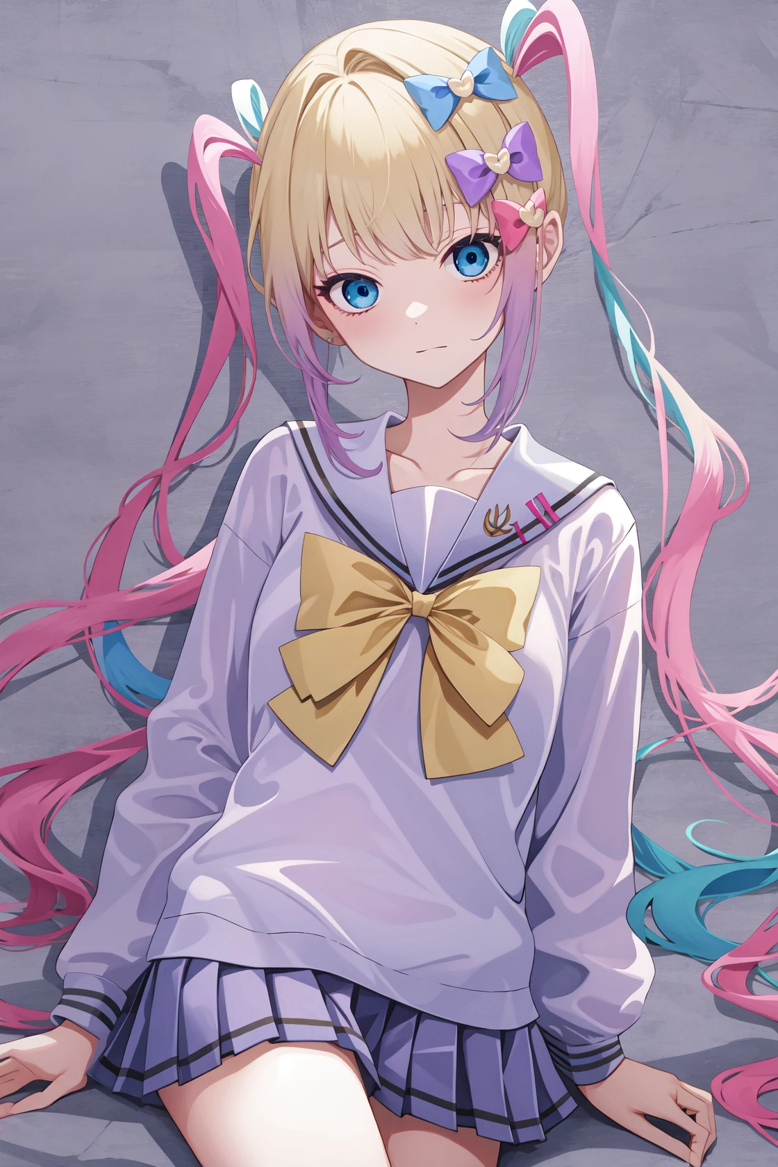 <lora:è¶
天:0.8:lbw=char>,chaotian,multicolored hair,pink hair,blue hair,bow,quad tails,hair bow,long hair,blue eyes,bangs,school uniform,sailor collar,serafuku,blonde hair,twintails,long sleeves,blue bow,shirt,purple bow,, 1girl,
, (masterpiece,best quality:1.2),absurdres