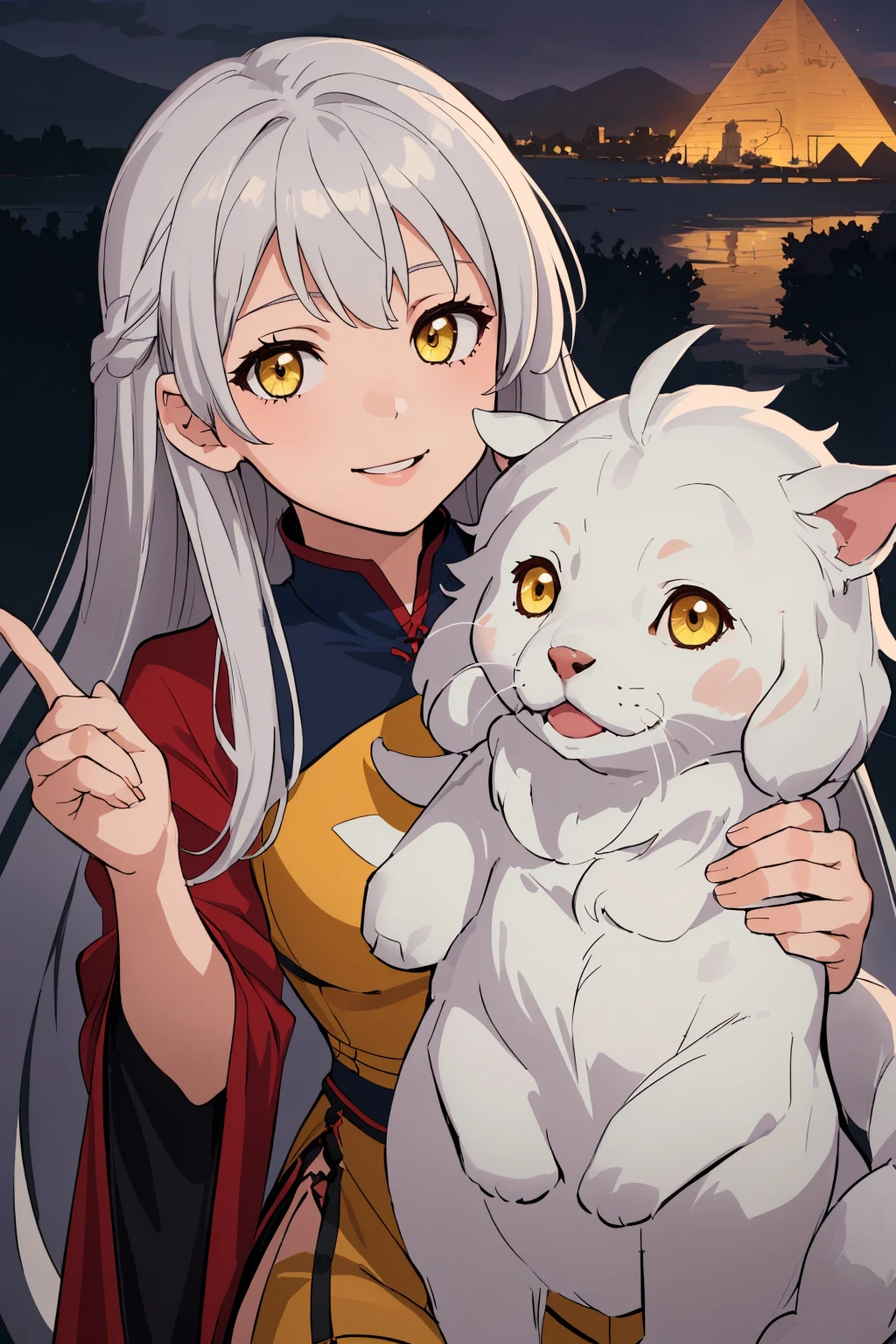 masterpiece, best quality,1girl, solo, facing viewer, <lora:EPfeMicaiah-07:1>, EPfeMicaiah, 1girl, long hair, grey hair, yellow eyes, move chart, pyramid, dusk, index finger raised, candy costume, light smile