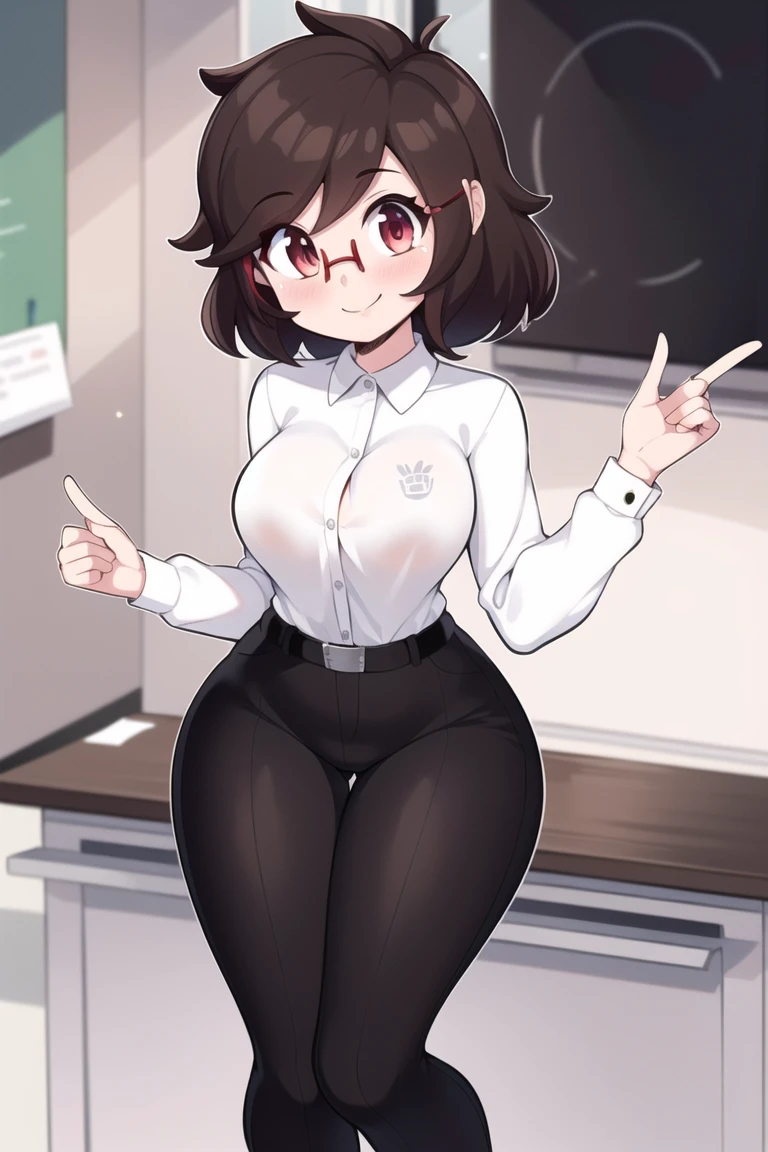 best quality,full body, 1girl, solo, brown hair, smile, looking down, office lady, red eyes, glasses, detailed , pants, belt, short hair, black hair, white shirt, black pants, hair ornament, hand on desk, <lora:GreenArtistSpice-15:1> greenartistspice,outline, bad-hands