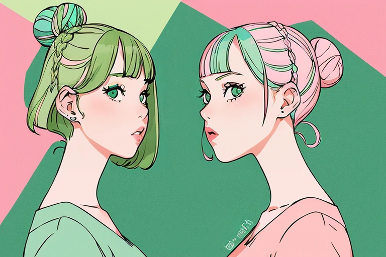 best quality, masterpiece,2girls , two girls :o
((the right girl has hairstyle - bob cut, pastel pink hair color and the left girl has hairstyle - pastel green hair color, bun cut ) )