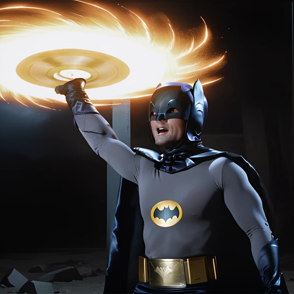 Ultra-realistic extremely detailed real life 8k masterpiece of a b4tm4n man arms raised up holding a giant sharp ((destructo disk)) in palm over head in a battle at night, dragonball action, extremely detailed facial features, dark scary epic lighting, horror composition <lora:destructo disk:0.7> <lora:b4tm4n-v2:0.9>