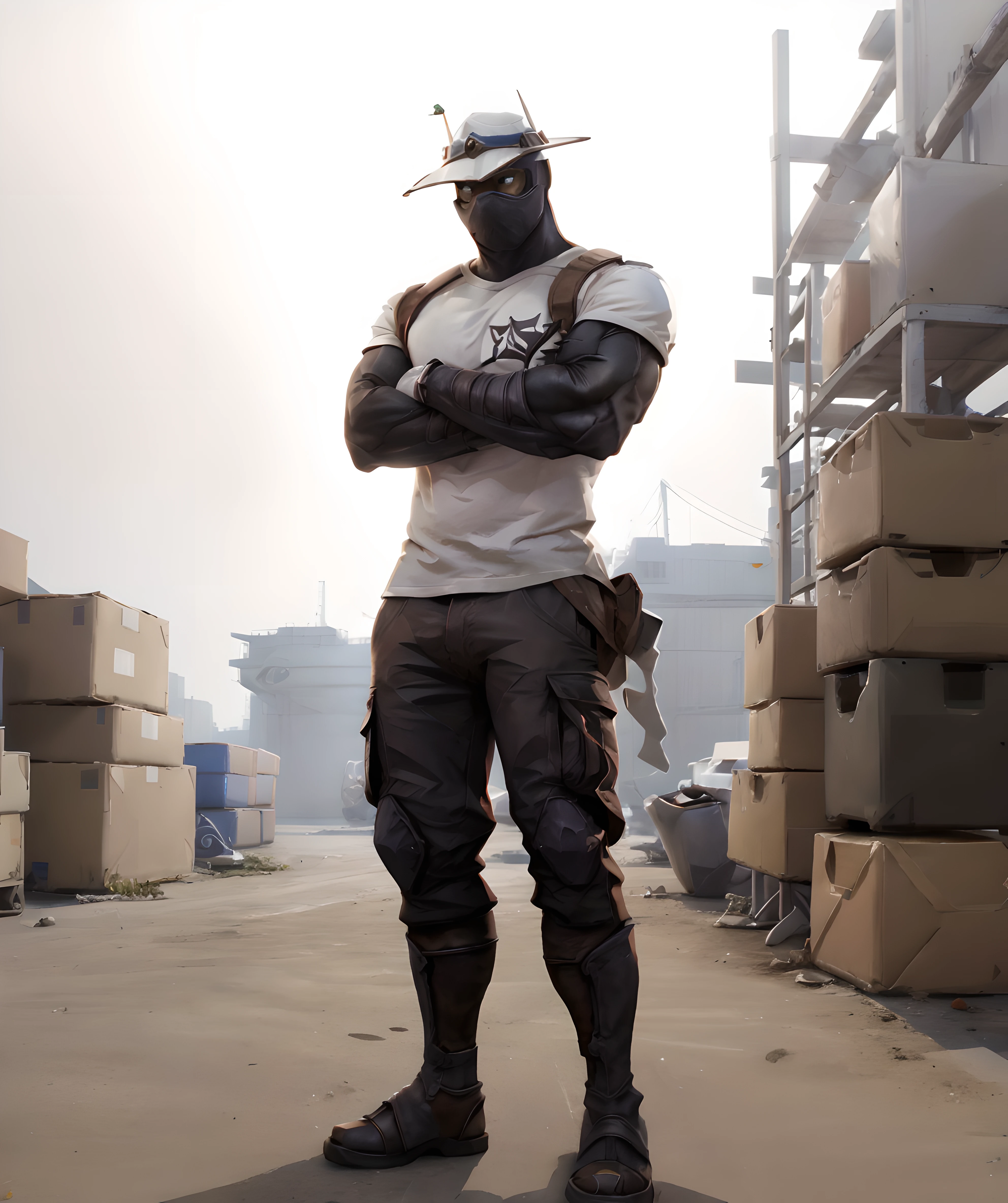 cypher_valorant, looking at viewer, standing, hat, mask, (muscular, white_t-shirt, cargo pants:1.2), hands in pocket, sunny, daytime, crossed arms <lora:Cypher:0.75> <lora:white_t-shirt:0.9>