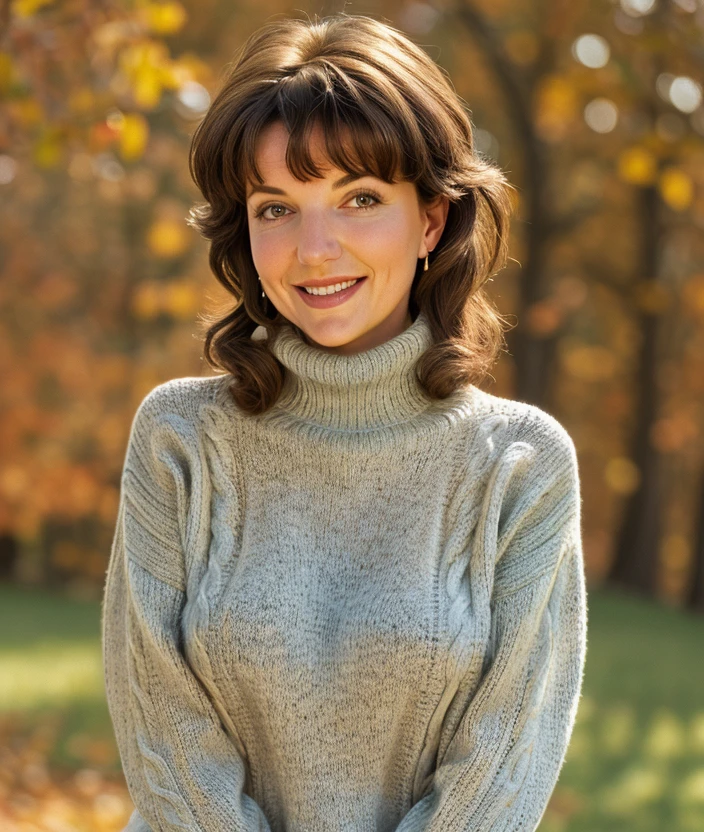 <d1a8p0>, ((naturebackground gradient)), Warm light, ((Sweater, turtleneck)), dress, smile, close portrait photo