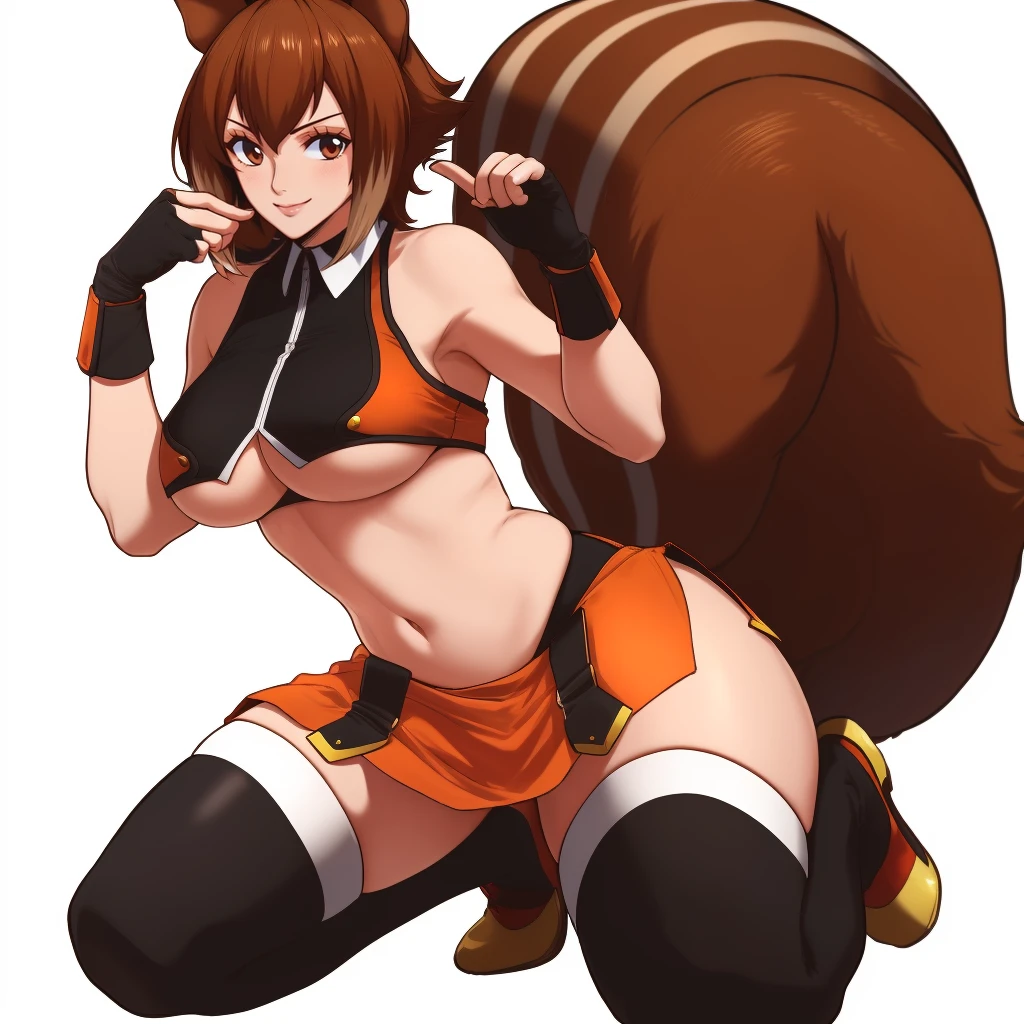 (masterpiece, best quality:1.3), Aosora, 1girl, solo, looking at viewer, wide hips, mature female, closed mouth, simple background, seductive smile, large breasts, dynamic pose, (full body:1.2), thick thighs, <lora:Aosora Style Lora:.9>, makoto_nanaya, animal ears, squirrel girl, squirrel ears, short hair, squirrel tail, tail, antenna hair, crop top, underboob, gloves, navel, midriff, skirt, fingerless gloves, revealing clothes, orange skirt, bare shoulders, black thighhighs, thighhighs  <lora:makoto_nanaya:.8>