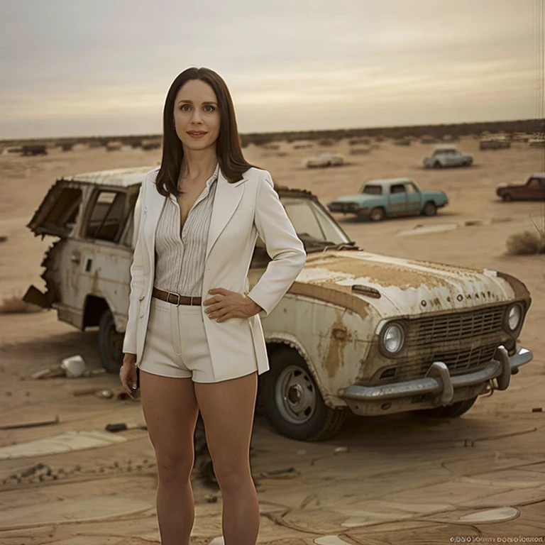 1girl, solo, alone,
high quality photo of LydiaBB, <lora:Lydia Rodarte-Quayle_v0.1:1.0>, standing and posing, hot pants, white open scientist coat, in desert, junkyard, junk cars in background