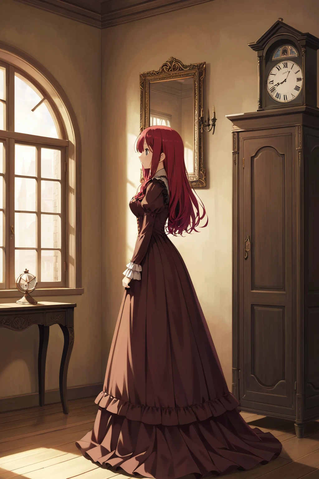 (1girl:1.3),red long hair,
gothic frilled dress,
In the sepia tones of nostalgia and loneliness,
BREAK
a solitary figure gazes into the distance by a window, or reflects on old letters, surrounded by antique furniture.
BREAK
In a room filled with memories, quiet moments of solitude unfold,
BREAK
capturing the emotions of loneliness and longing, as time stands still.