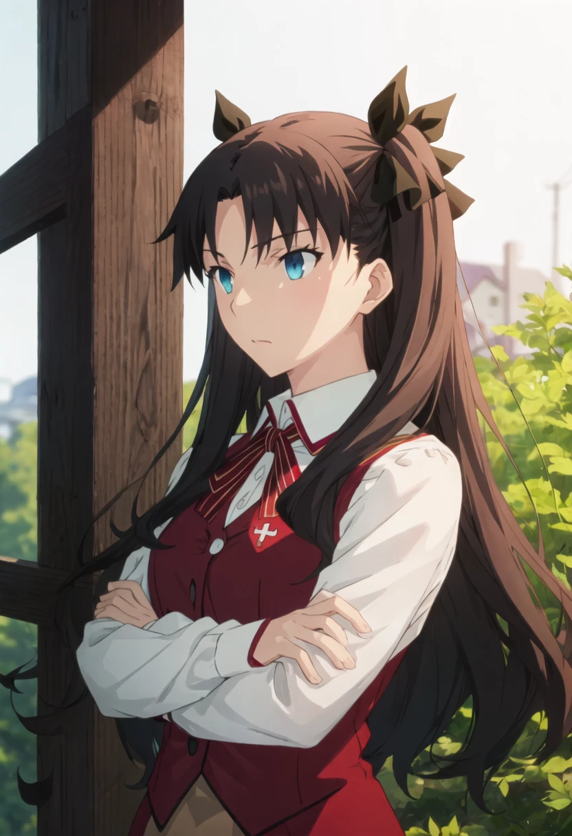 best quality, masterpiece, highres, solo, {tohsaka_rin_fatestaynightufotable:0.90}, 1girl, homurahara_academy_school_uniform, neck_ribbon, white_shirt, vest, anime_coloring, black_ribbon