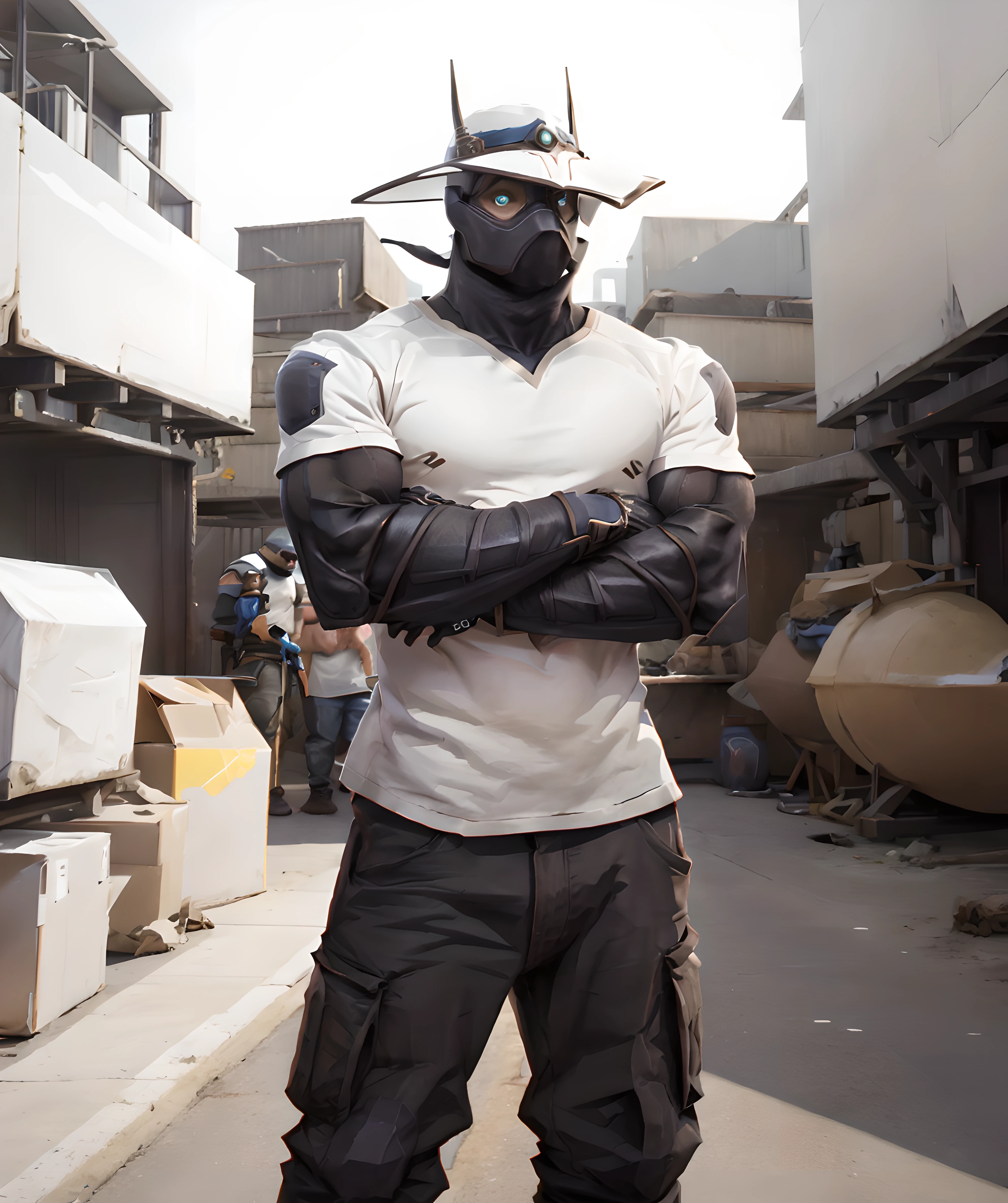 cypher_valorant, looking at viewer, standing, hat, mask, (muscular, white_t-shirt), cargo pants, sunny, daytime, crossed arms <lora:Cypher:0.75> <lora:white_t-shirt:0.8>