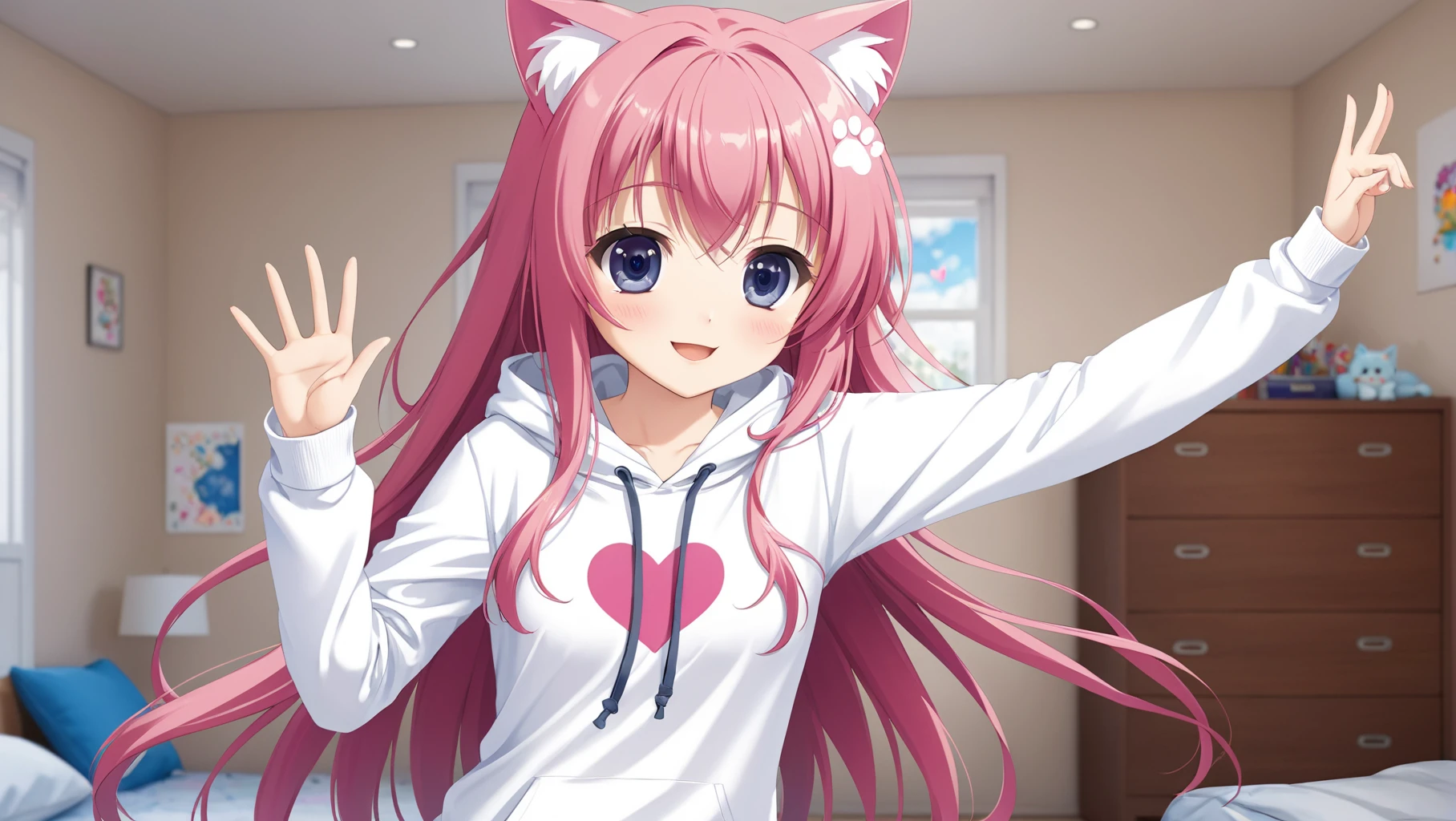 1girl,masterpiece, best quality, game cg,
anime style, cute girl, (heart-shaped eyes:1.5), smile, pink hair, long hair, paw pose, cat ears, white hoodie, messy room
