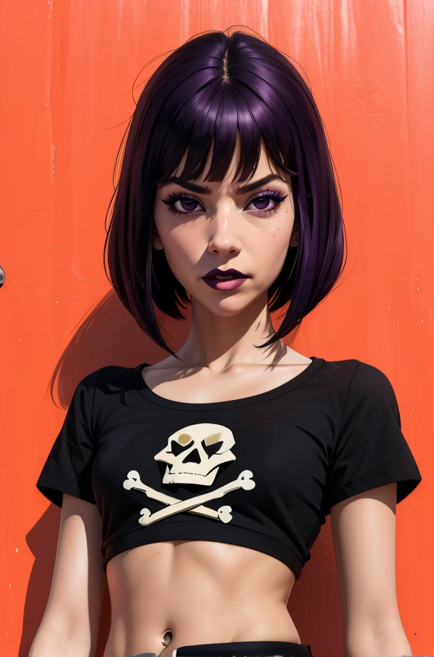 triana,dark purple hair,black eyes,bob cut,serious,
black shirt,short sleeves,skeleton print,small black skirt,midriff,
standing,upper body, 
nightclub,
(insanely detailed,  masterpiece, best quality),solo,<lora:trianaorpheus:0.8>,