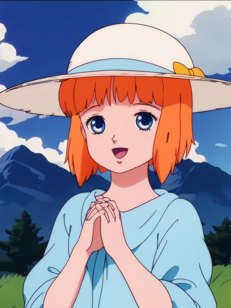 <lora:Mariel_Legrand:0.8>, Mariel, 1girl, solo, orange hair, short hair, own hands together, open mouth, smile, retro artstyle, blue eyes, outdoors, bangs, sky, mountain, white headwear, cloud, upper body,
masterpiece, high quality, very_high_resolution, large_filesize, full color,
1980s \(style\), anime, anime_screencap, animated gif, mp4 ,video, animated, retro artstyle,