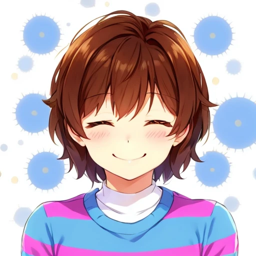 <lora:Frisk_Undertale:1>, frisk undertale, brown hair, short hair, closed eyes, blue and pink striped sweater, smiling