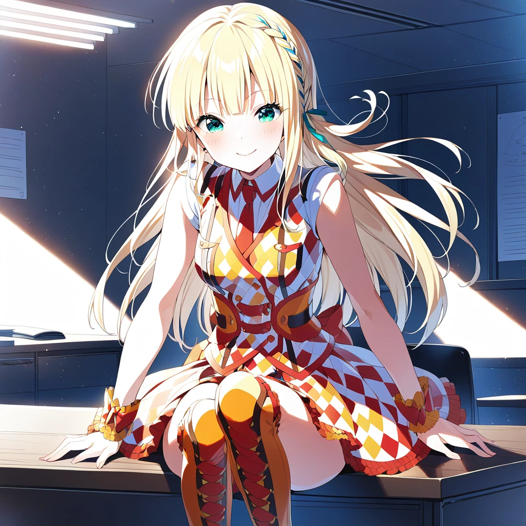 [high quality, best quality], 1girl, solo, ichinose rei, ribbon braid, idol-outfit, knee boots, <lora:rei_xl-000020:0.72>, closed mouth, smile, happy, sitting on table, office, indoors