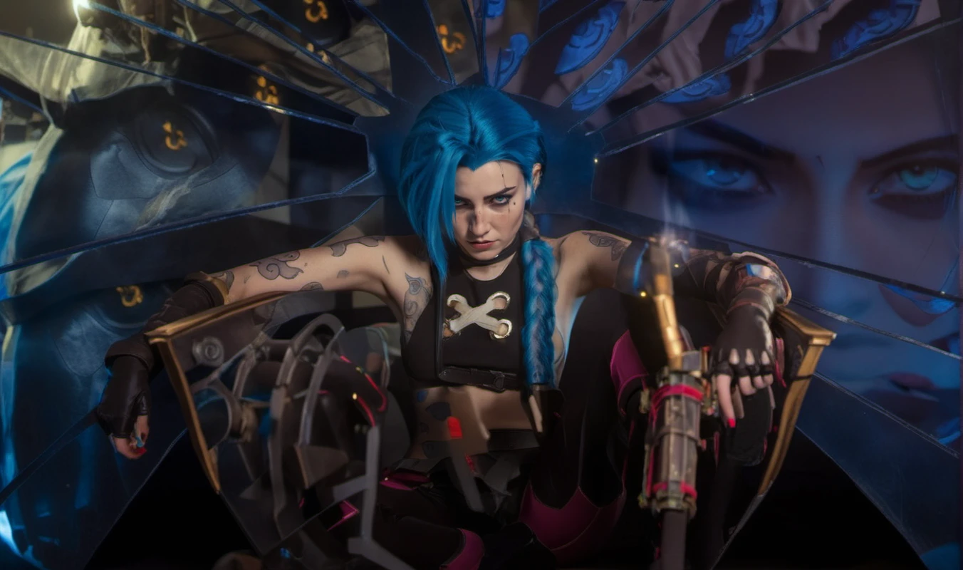 cinematic photo a woman with blue hair and tattoos, holding a smoking gun and sitting in front of a broken with eyes reflexions, league of legends, cyberpunk art <lora:Jinx1024-000260:0.8> . 35mm photograph, film, bokeh, professional, 4k, highly detailed
