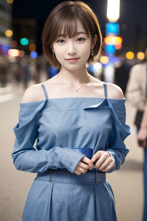1girl, (wearing a blue off-shoulder knit top:1.2),(RAW photo, best quality), (realistic, photo-realistic:1.4), masterpiece, an extremely delicate and beautiful, extremely detailed, 2k wallpaper, Amazing, finely detail, extremely detailed CG unity 8k wallpaper, ultra-detailed, highres, soft light, beautiful detailed girl, extremely detailed eyes and face, beautiful detailed nose, beautiful detailed eyes,(cinematic lighting:1.4),(in the city at night:2.0),perfect anatomy,(slender body:1.2),(close up face:1.8),(gentle smile,Friendly, warm:2.0),(looking at viewer:1.8),(japanese idol:1.8),(wavy shorthair:1.6), (brown eyes:1.8),(standing and posing:2.0),(cleavage:1.5), <lora:tadokoroazusa_lora-10:0.8>