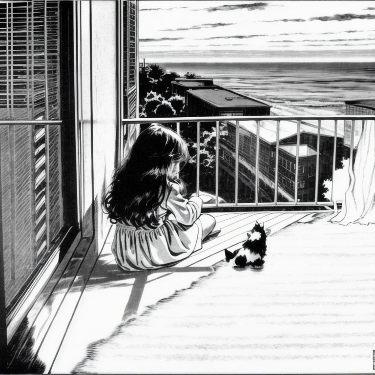 little girl facing backwards, 5 years old, sad, brunette, angry, 1980, comic strip, silluete, black and white, left to right manga, monochrome <lora:Eternauta_IA_LoRA_sd15_v1.1:1>