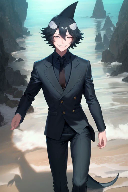 absurdres, perfect shadows and lighting, masterpiece, high quality, detailed, extremely detailed, ambient soft lighting, 4K, detailed sea   pier background, evil grin, standing on one leg, boy in black unbuttoned suit, unbuttoned jacket, necktie, detailed eyes, (Dorsal fin)1.2, (detailed eyes)1.3, skinny, (shark tail)1.7