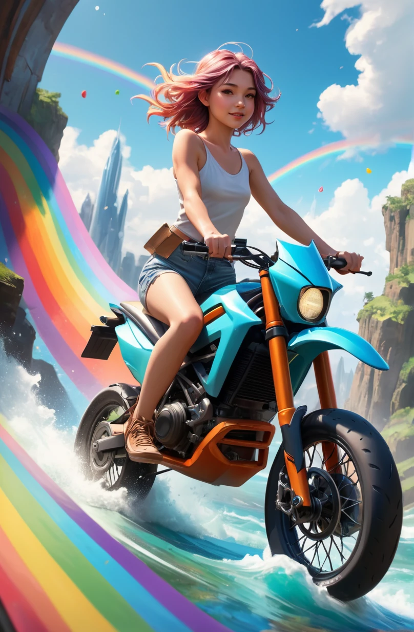 cute young woman riding the rainbow,  wide angle, super highly detailed, professional digital painting, artstation, concept art, smooth, sharp focus, no blur, no dof, extreme illustration, Unreal Engine 5, Photorealism, HD quality, 8k resolution, cinema 4d, 3D, beautiful, cinematic, art by artgerm and greg rutkowski and alphonse mucha and loish and WLOP