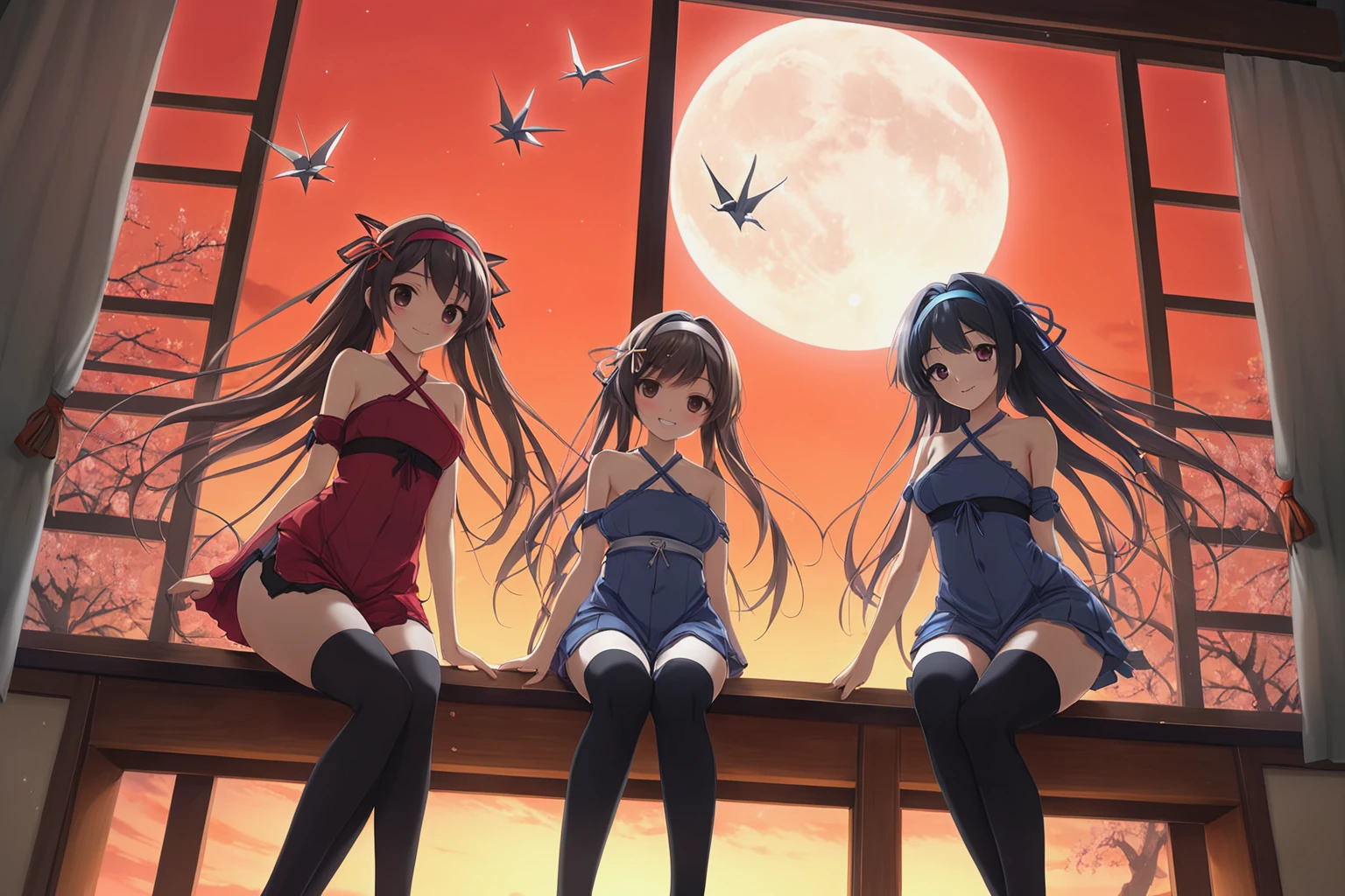 masterpiece, best quality, high quality, highres, absurdres, game cg,
Envision a serene setting where the focus is a traditional Japanese sliding window, or shoji, which reveals a striking red sunset sky that bathes the room in a warm glow. Silhouettes of delicate tree branches can be seen against the sunset, creating a peaceful and contemplative mood. The room is adorned with intricate origami cranes, symbols of peace and longevity, gently suspended in the air, appearing as if caught in a silent dance. These elements come together to evoke a sense of tranquility and the ephemeral beauty of nature.
2girls, black legwear, garters, hair ornament, hairband, holding hands, interlocked fingers, long hair, looking at viewer, moon, multiple girls, ribbon, sitting, smile, thighhighs