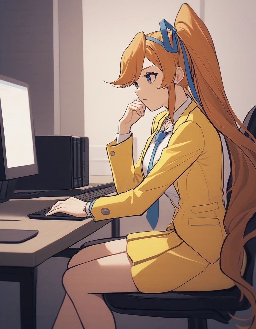 <lora:athena-xl-000007:1> aacykes, hair ribbon,
necktie, yellow jacket, yellow skirt,
1girl, thinking, sitting, computer,
masterpiece, best quality