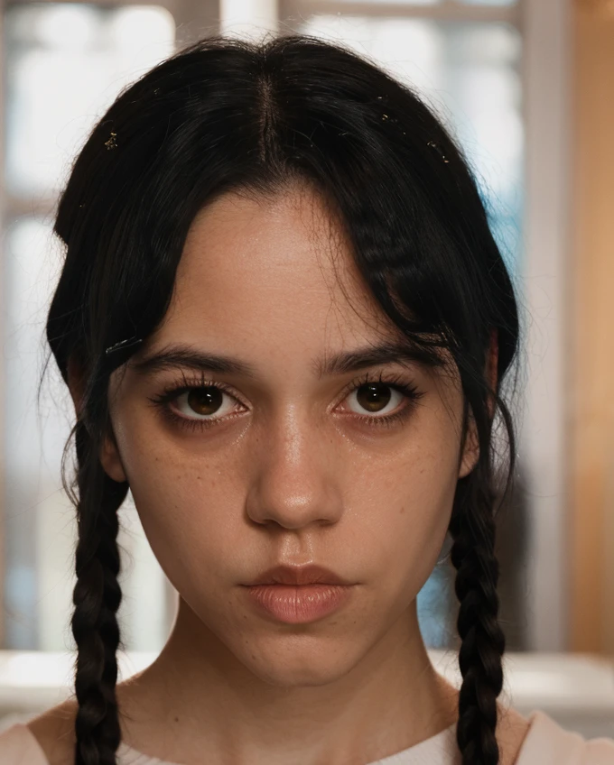 a beautiful picture of w3dn3sday, masterpiece, photorealistic, woman, detailed, 4k, HDR, backlighting, light, RAW color photo,(fully in frame:1.1), detailed skin texture, (blush:0.5), (goosebumps:0.5), pigtails,black hair <lora:w3dn3sday:1>