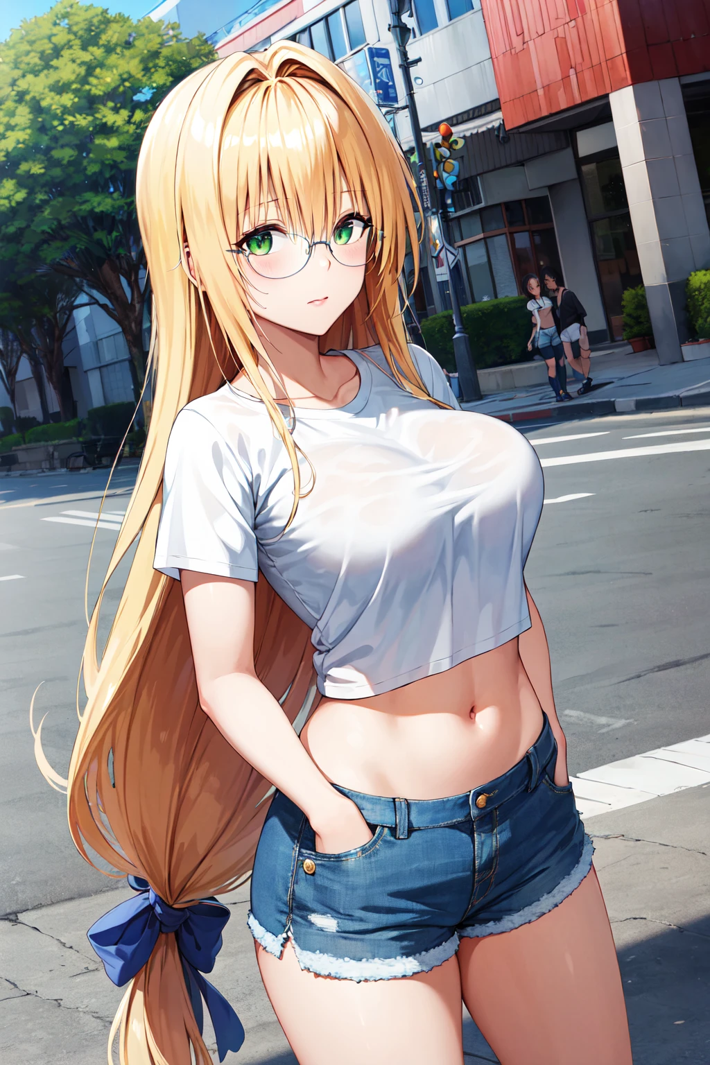 masterpiece, best quality, highres, aatearju, very long hair, low-tied long hair, hair ribbon, green eyes, glasses, large breasts, <lora:tearju_lunatique_v1:0.7>, t-shirt, white shirt, midriff, shorts, denim, hand in pockets, street