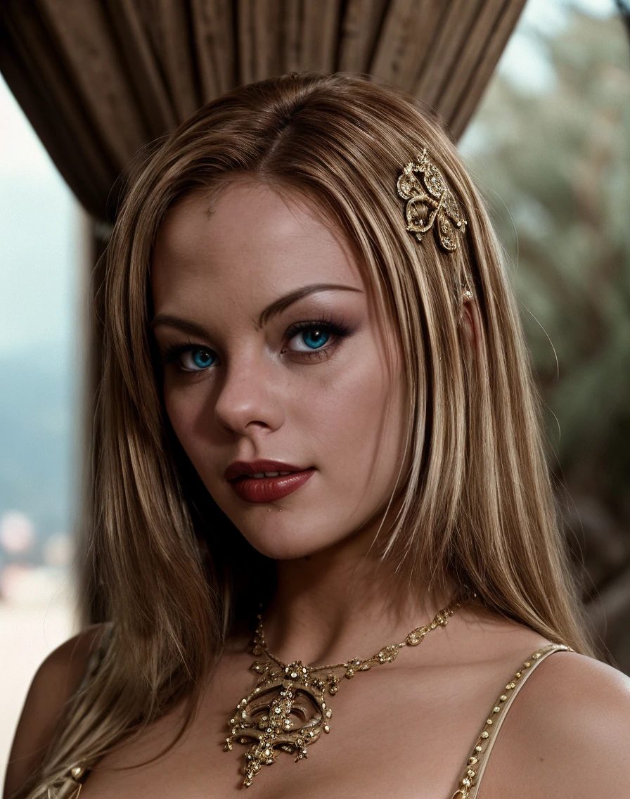 beautiful slim young woman. Blonde with green slanted eyes, chubby noobs, snub nose. Very long wavy Fluffed hair. Nude, wearing only a tiara, crying