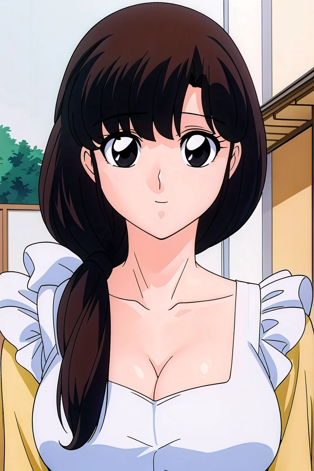 east asian architecture, Trees,sky,outdoors,
 yellow shirt, white apron, frilled apron, cleavage, collarbone, 
<lora:Kasumi_Tendo_Ranma-KK77-V1:0.7>,
black  eyes, black hair,long hair, bangs, braid,hair ornament, 
<lora:Oda_Non_Style-KK77-V2:0.3>,<lora:more_details:0.1>,
1 girl, 20yo,Young female,Beautiful long legs,Beautiful body,
Beautiful Nose,Beautiful character design, perfect eyes, perfect face,expressive eyes,perfect balance,
looking at viewer,(Focus on her face),closed mouth, (innocent_big_eyes:1.0),(Light_Smile:0.3),
official art,extremely detailed CG unity 8k wallpaper, perfect lighting,Colorful, Bright_Front_face_Lighting,White skin,
(masterpiece:1.0),(best_quality:1.0), ultra high res,4K,ultra-detailed,
photography, 8K, HDR, highres, absurdres:1.2, Kodak portra 400, film grain, blurry background, bokeh:1.2, lens flare, (vibrant_color:1.2),professional photograph,
(Beautiful,large_Breasts:1.4), (beautiful_face:1.5),(narrow_waist),