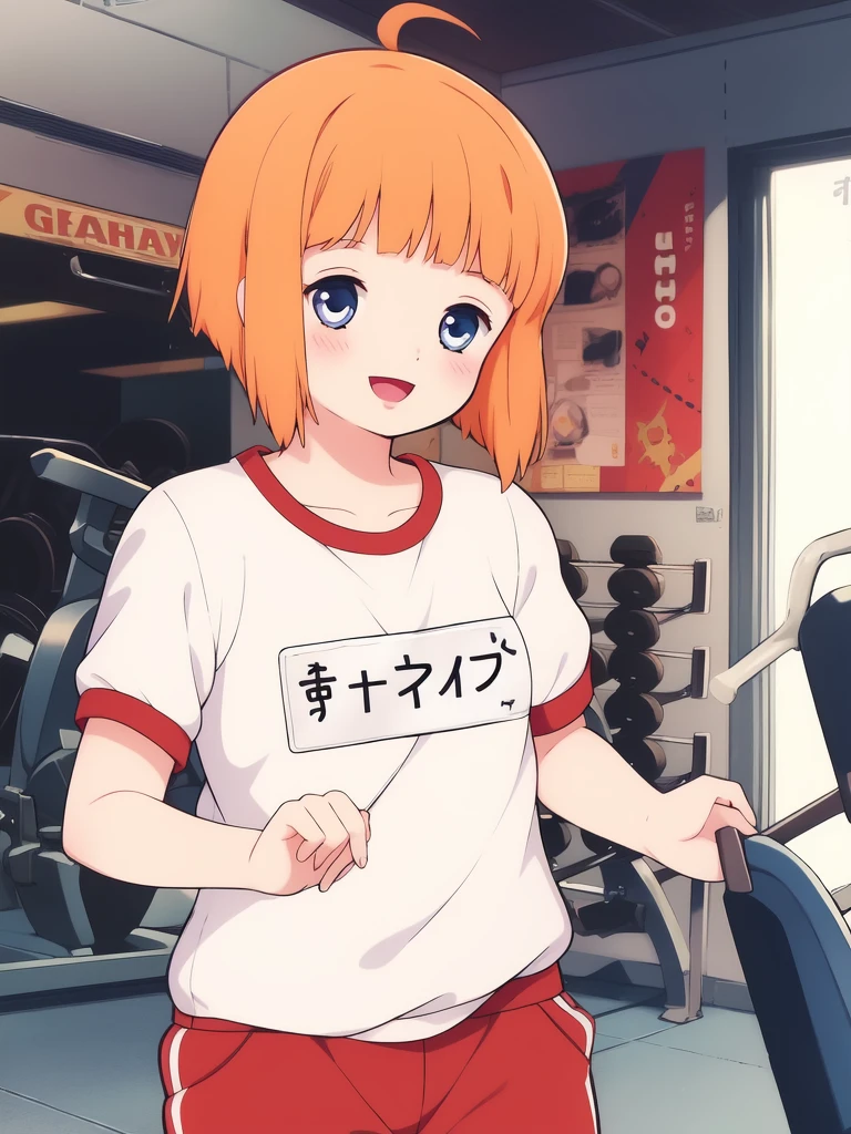 <lora:Mariel_Legrand:0.8>, Mariel, 1girl, solo, blue eyes, short hair, orange hair, ahoge, bangs, blunt bangs, smile, cowboy_Shot,
buruma, blush, gym uniform, smile, open mouth, name tag,
masterpiece, high quality, very_high_resolution, large_filesize, full color,