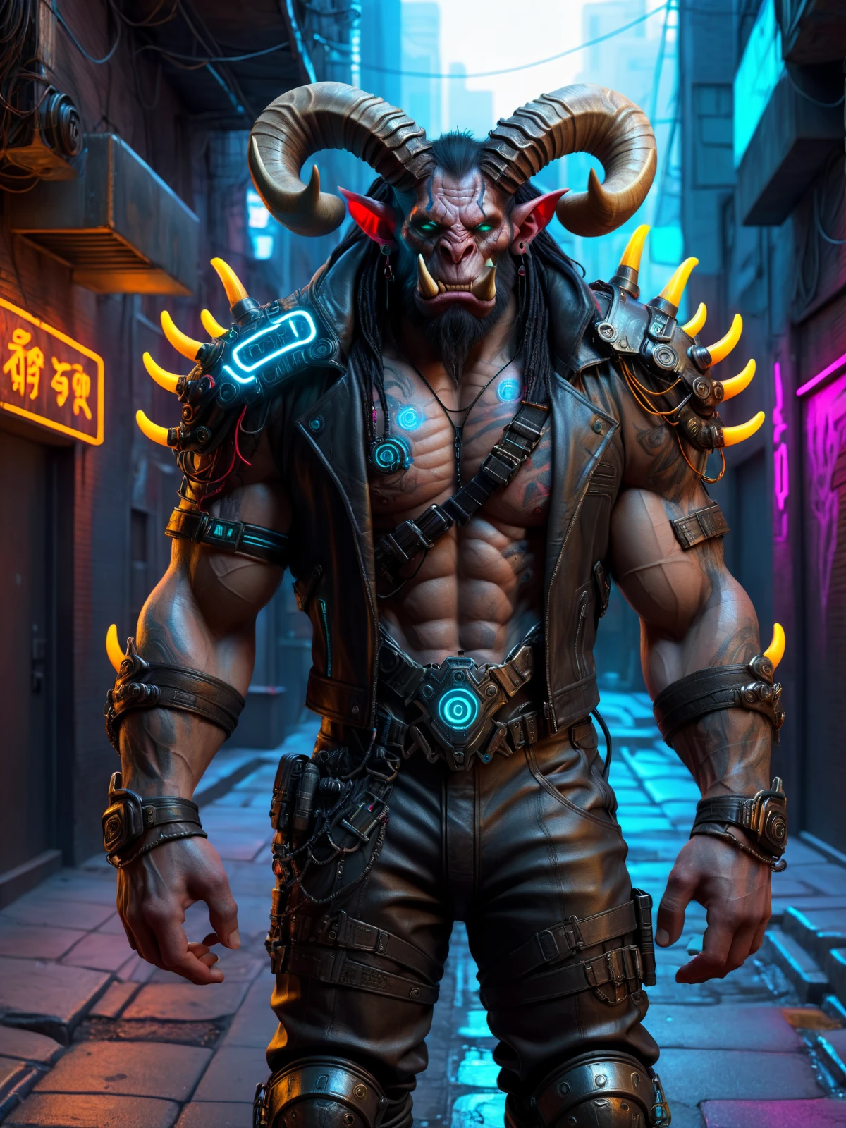 troll, man, horns, tusks, cyberpunk, dirty alley, leather clothes, armor plates, neon lights <lora:Neon_Cyberpunk_SDXL_Trolls:1>, (masterpiece:1.2), best quality, (hyperdetailed, highest detailed:1.2), high resolution textures