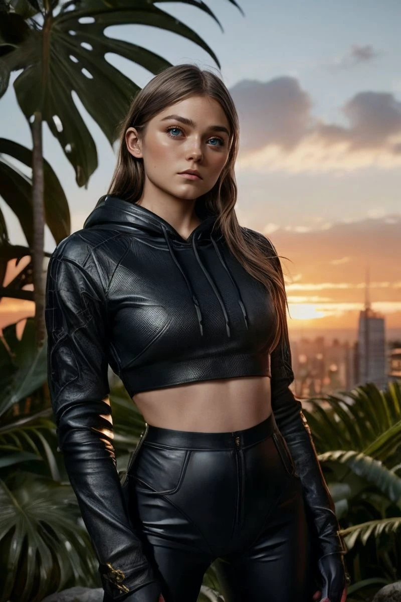 photo of S302_AlexClark,a stunning woman,in a (jungle:1.1),wearing a (hoodie:1.1) and (leather-pants),(sunset),(4k, RAW photo, best quality, depth of field, ultra high res:1.1),(absurdres, intricate, photorealistic, masterpiece, ultra-detailed:1.1),