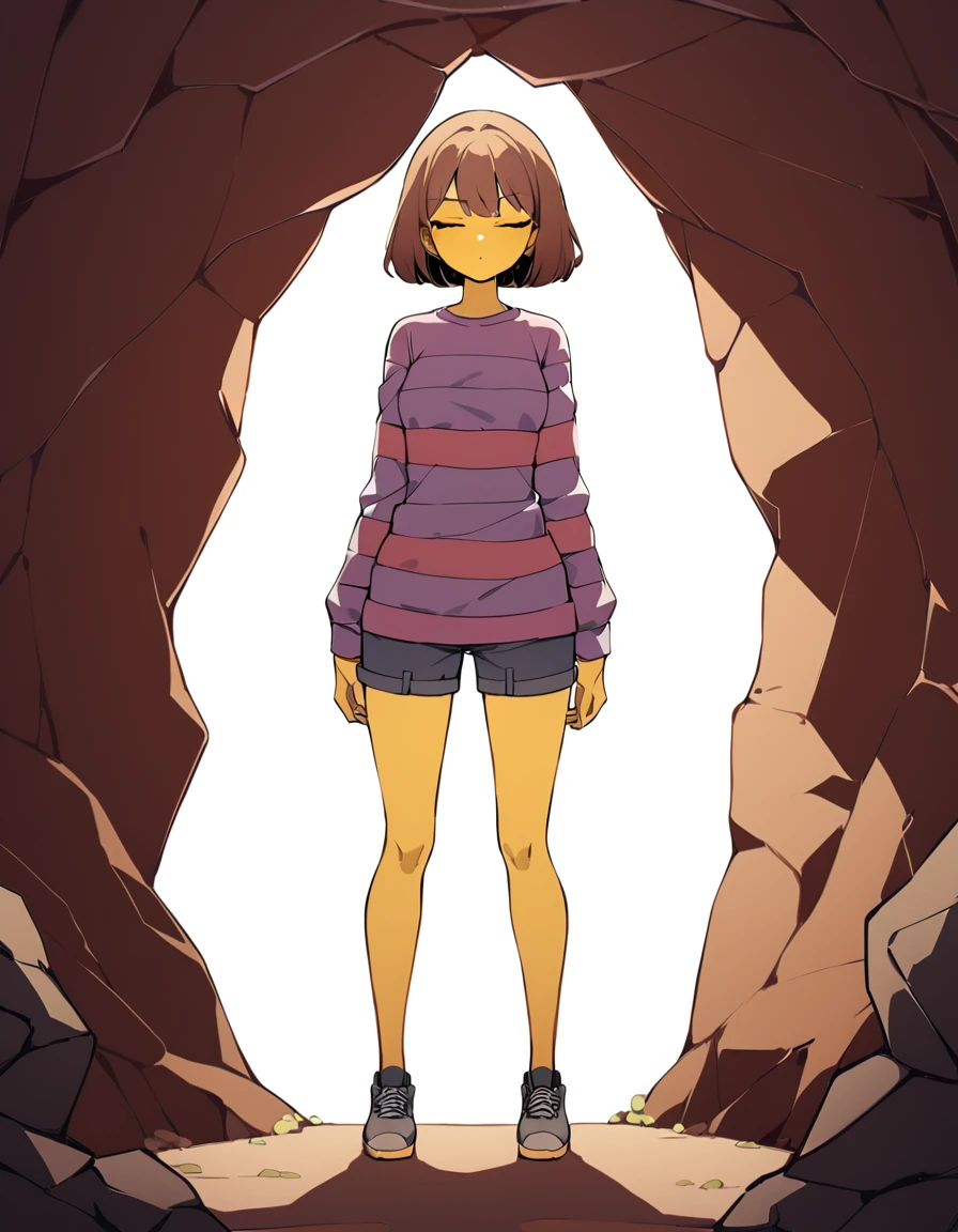 masterpiece,best quality,newest,by huyihfrrd,1girl,small breasts,short hair,brown hair,friskut,yellow skin,standing,full body,brown hair,striped shirt,long sleeves,shorts,cargo shorts,knee length shorts,shoes,eyes closed,front shot,in cave,solo,centered, <lora:FriskXL:0.75>