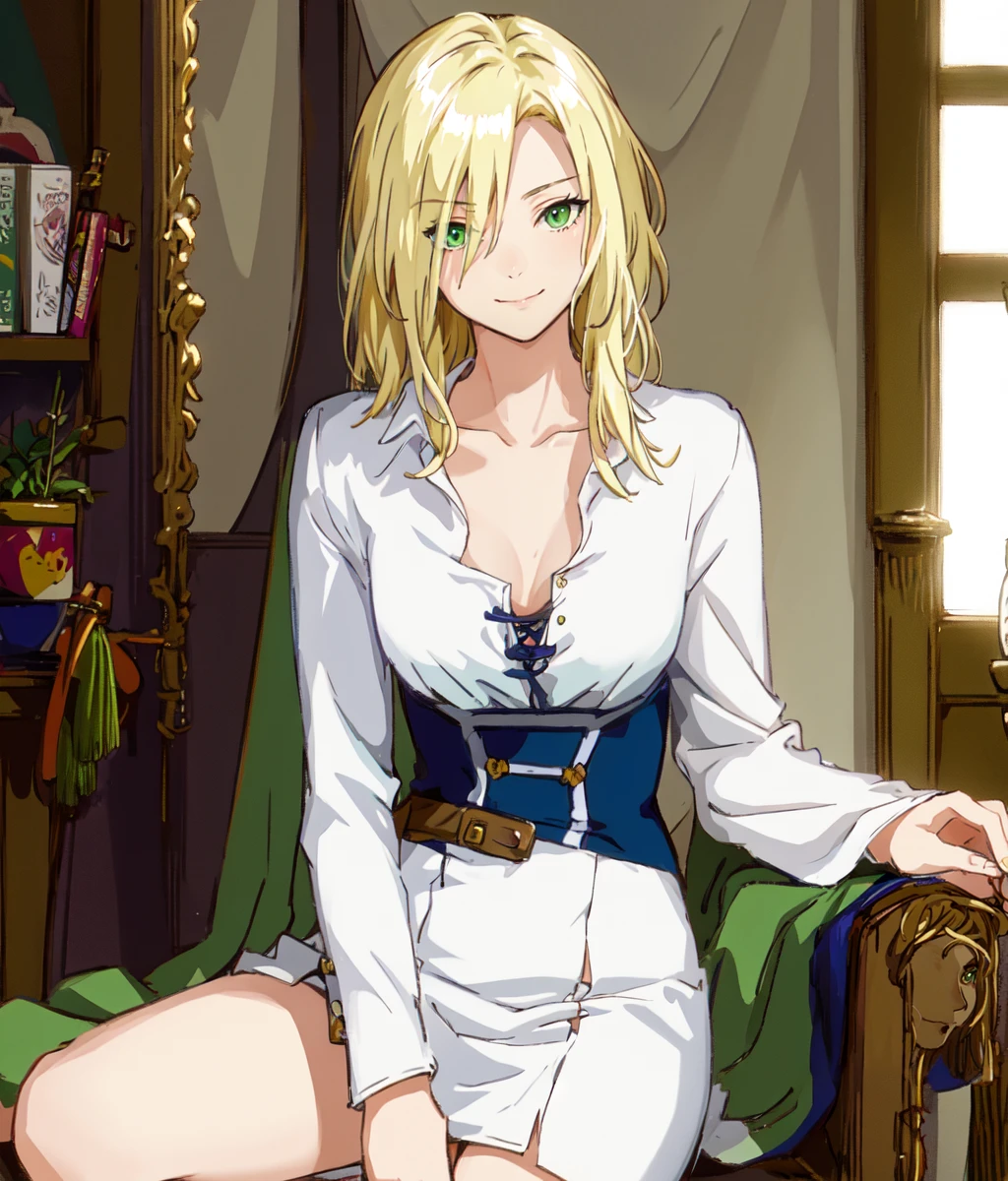 masterpiece, high res, detailed face, detailed eyes, anime screencap, 1 girl, solo, looking at the viewer. turning around, smile blonde, hair covering one eye, medium hair, green eyes eyes visible under hair, white shirt, bare legs, sitting on a chair, indoors, medieval inn <lora:Elza2:1>
