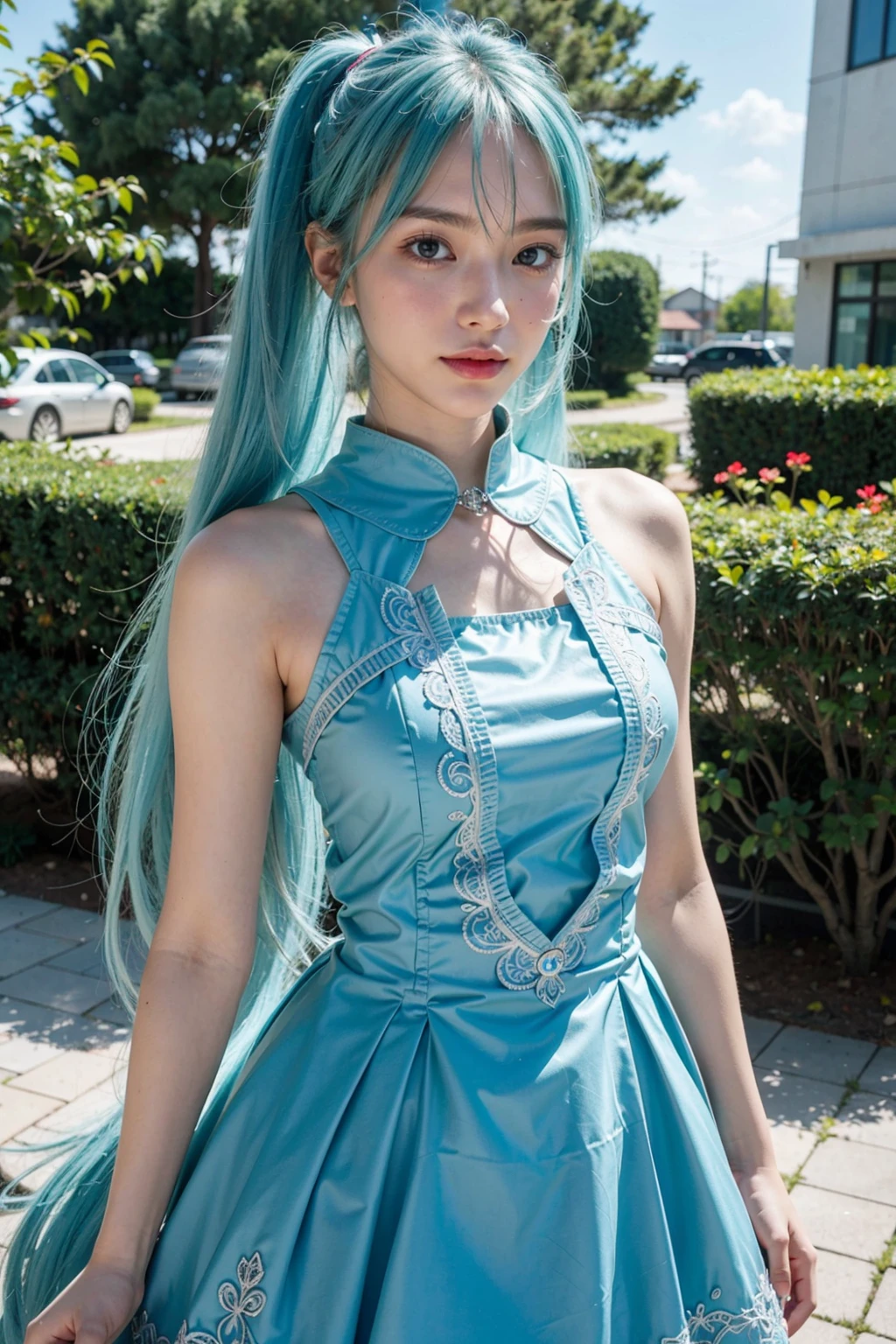 VELZARD, BANGS, BLUE EYES, GREY HAIR, HAIR BETWEEN EYES, LONG HAIR, TWINTAILS, YELLOW HAIRBAND, BARE SHOULDERS, JEWELRY, NECKLACE, DRESS, CLEAVAGE, DETACHED SLEEVES, BLUE SKIRT, 1girl, solo, upper body, facing viewer, looking at viewer, smile,