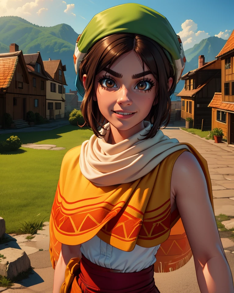 Toan,brown hair,brown eyes,light smile,
orange poncho,green hat,white scarf,
small village,outdoors,
standing,upper body,
(insanely detailed, masterpiece, best quality),<lora:Toan-11DCv9:0.8>,