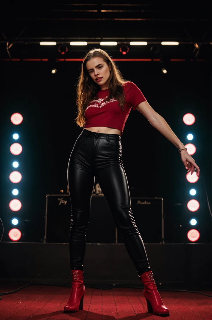 tv_Taylor_Brumann_PB_V1, , (CINEMATIC SHOT:1.4), (blow out hair:1.4) (Red eyeshadow, Black eyeliner, red lipstick:1.2) (lens flare:1.2) ((Photo Focus, DOF, Aperture, insanely detailed and intricate, character, hypermaximalist, elegant, ornate, beautiful, exotic, revealing, appealing, attractive, (amative:1.1), hyper realistic,( super detailed:1.1), heresy flares))(volumetric Red smoke:1.5) (RED CONCERT HALL:1.5)(Rock stage in the background:1.5) (FROWNING at viewer:1.3) (red T-Shirt:1.5) (Black Leather pants:1.7)(red Boots:1.5) (from the side:1.5) <lora:epi_noiseoffset2:1>, epiCRealism , f1.4, 40mm, photorealistic, raw, 8k, textured skin, skin pores, intricate details,