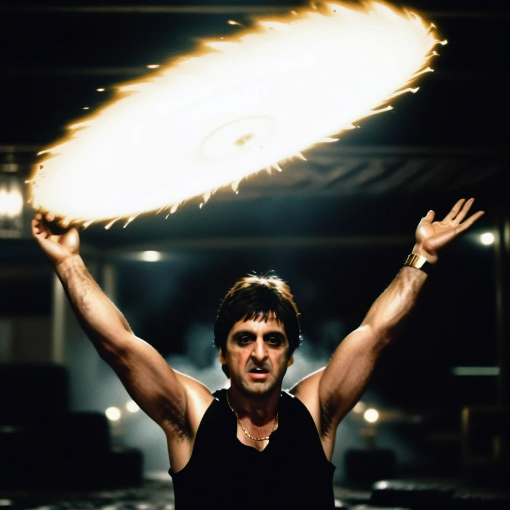 Ultra-realistic extremely detailed real life 8k masterpiece of a man 80s scarface arms raised up holding a giant sharp ((destructo disk)) in palm over head in a battle at night, dragonball action, extremely detailed facial features, dark scary epic lighting, horror composition <lora:destructo disk:0.6> <lora:80s scarface:0.7>