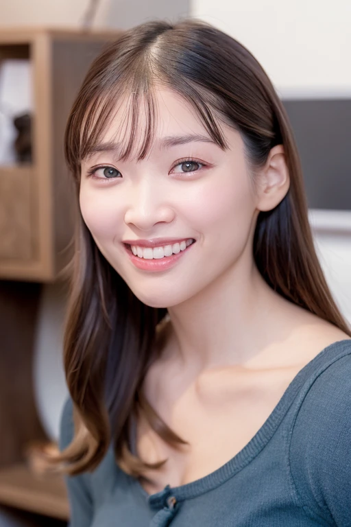 1girl, solo,(blue snuggly wear:1.8),(cleavage cutout:1.2),(RAW photo, best quality), (realistic, photo-realistic:1.4), masterpiece, an extremely delicate and beautiful, extremely detailed, 2k wallpaper, Amazing, finely detail, extremely detailed CG unity 8k wallpaper, ultra-detailed, highres, soft light, beautiful detailed girl, extremely detailed eyes and face, beautiful detailed nose, beautiful detailed eyes,(soft light:1.8),(in the living room:2.0),perfect anatomy,(slender body:1.6),(close up face:1.4),(laugh,Friendly, warm:2.0),(looking at viewer:1.8),(japanese idol:1.8),(brown eyes:1.8),(shoulder length hair:1.8),(sitting ont the sofa:1.8), <lora:ichinosekana_lora-11:0.8>