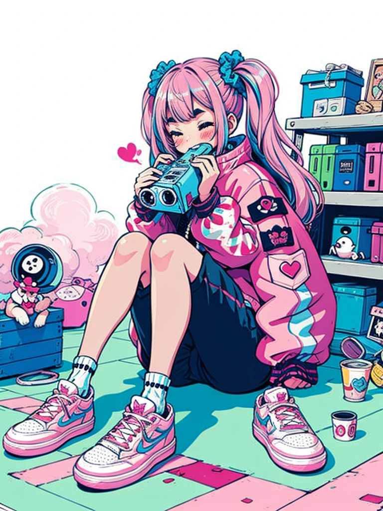 hezi, trend illustration, bright colors, 1girl, camera, solo, long hair, shoes, pink hair, socks, closed eyes, bangs, jacket, sitting, holding, scrunchie, long sleeves, holding camera, blunt bangs, hair ornament, short eyebrows, very long hair, hair scrunchie, white socks, sneakers, sleeves past wrists, handheld game console, blush, full body, thick eyebrows, knees up, pink jacket, blue scrunchie, pink footwear, heart, closed mouth, one side up, multicolored jacket, photo \(object\), shelf, blue footwear, can, sleeping, shorts, sidelocks, letterman jacket, poster \(object\), polka dot, print jacket, multicolored clothes<lora:æ½®æµæç»:0.55>