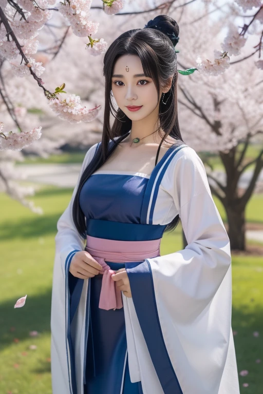 ltra-detailed,highly detailed,best quality,masterpiece,illustration,realistic,photorealistic,
liumengli, 1girl, solo, smile, forehead mark,
hanfu, chinese clothes, china dress, wide sleeves, long sleeves, blue dress, long skirt, sash, hair ornament, jewelry, boots,
black hair, long hair, hair bun, single hair bun,
upper body, looking at viewer,
tree, outdoors, cherry blossoms, photo background, branch, day, grass, flower, petals,
<lora:liumengli_v2_03:0.7>