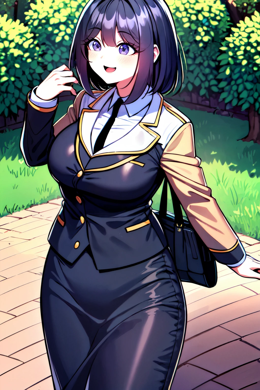a woman standing in a park, trees, birds, squirrels, full body, beautiful eyes, cute girl, high detail skin, high detail eyes, high detail hair, highres, ultra detailed, sharpen picture, Highly detailed, .masterpiece, best quality, photorealistic, <lora:GuSeulLoRA:1> 1girl, short hair, bangs, school uniform, skirt