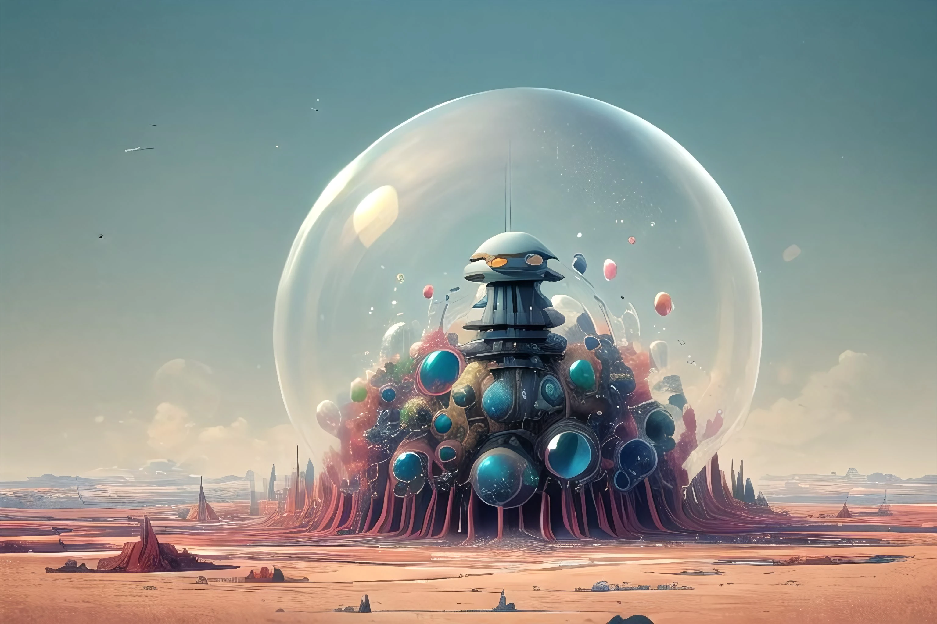 flying slime city, one red moon, one full moon blue slime raining, spaceships at air