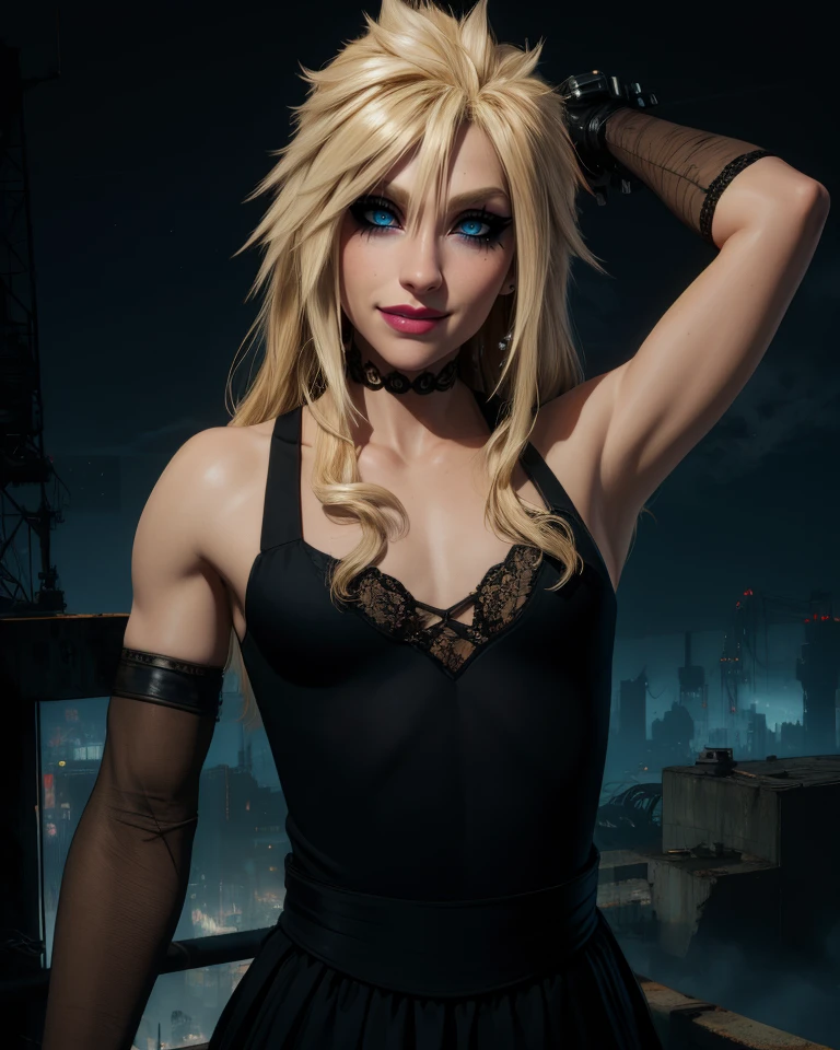 Cloud,long blonde hair,blue eyes,solo,arms up,
upper body,eyeliner,looking at viewer,lip gloss,smile,dark makeup,teeth,
flat chest,black dress,black elbow gloves,night,industrial,
standing,pose,
night,industrial,cyberpunk,
(insanely detailed, masterpiece, best quality),<lora:CloudFB-10FFv8:0.8>,