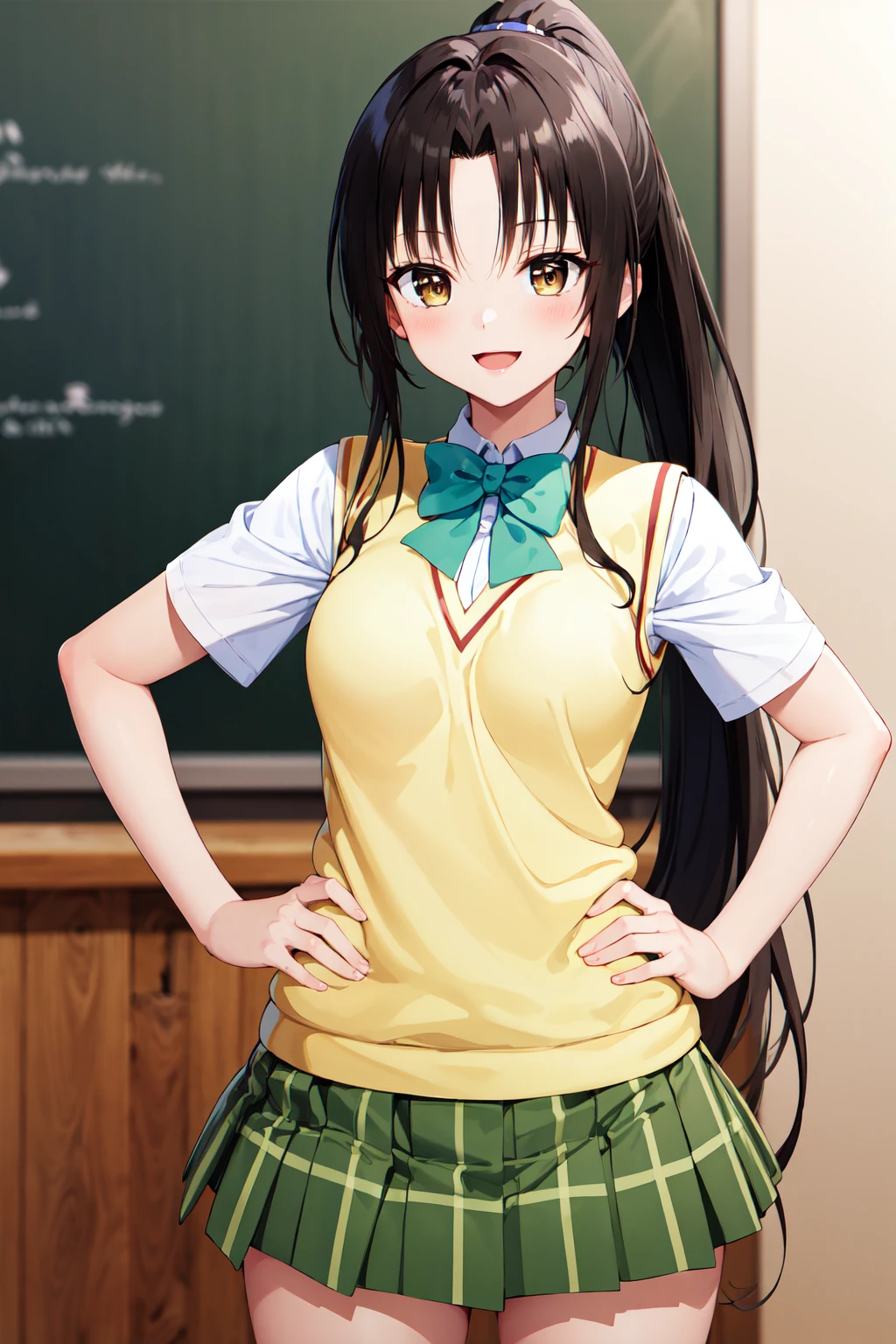 (masterpiece, Highest quality:1.2), One girl, alone,Are standing_Split, 
Yuki mandarin orange, Brown eyes, Brown Hair, hair ornaments,Long Hair,Green Check Skirt, Sainan High , , White shirt, Yellow sweater vest,No panties

