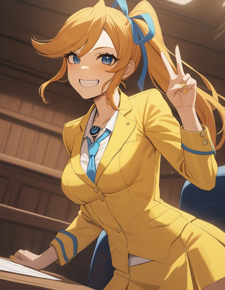 <lora:athena-xl-000007:1> aacykes, hair ribbon,
necktie, yellow jacket, yellow skirt,
1girl, v, grin, courtroom,
masterpiece, best quality