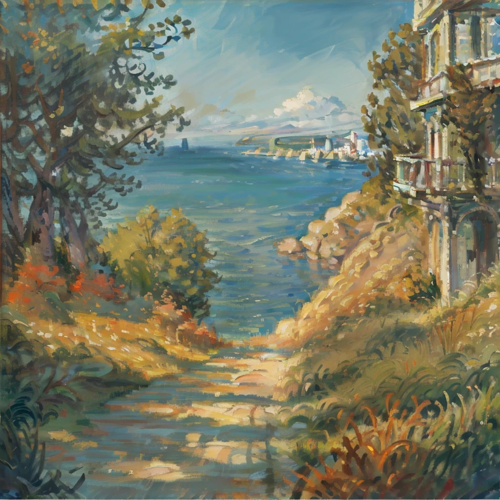 AnchemixMonet,outdoors,scene,no humans,scenery,sea,city by the sea,wood,road,