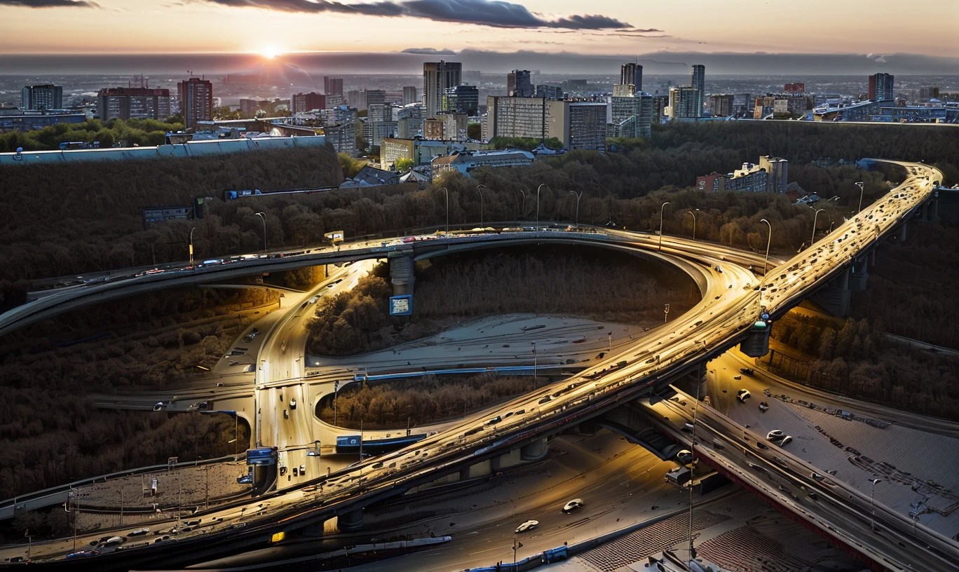 canon 5d photo of a Lunintsev Square, cars moving on a red prospect, NOVAT, rare clouds, sunset <lora:Novosibirsk_SD:1.5>, L'art nouveau