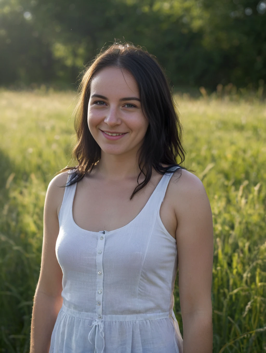 award winning photo, joy19, delicate, beautiful, portrait, (freckles:0.1), long black hair, cute smile, cinematic, rimlight, backlighted, outdoors