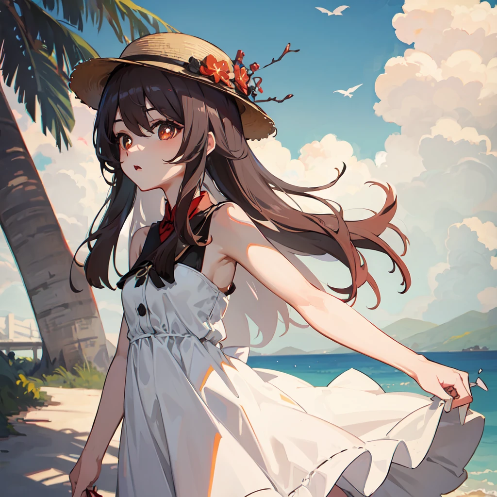 HuTao,<lora:HuTao_v1.9-By-XieMo:1>,1girl,solo,(Straw_hat:1.1),(summer_dress:1.3),