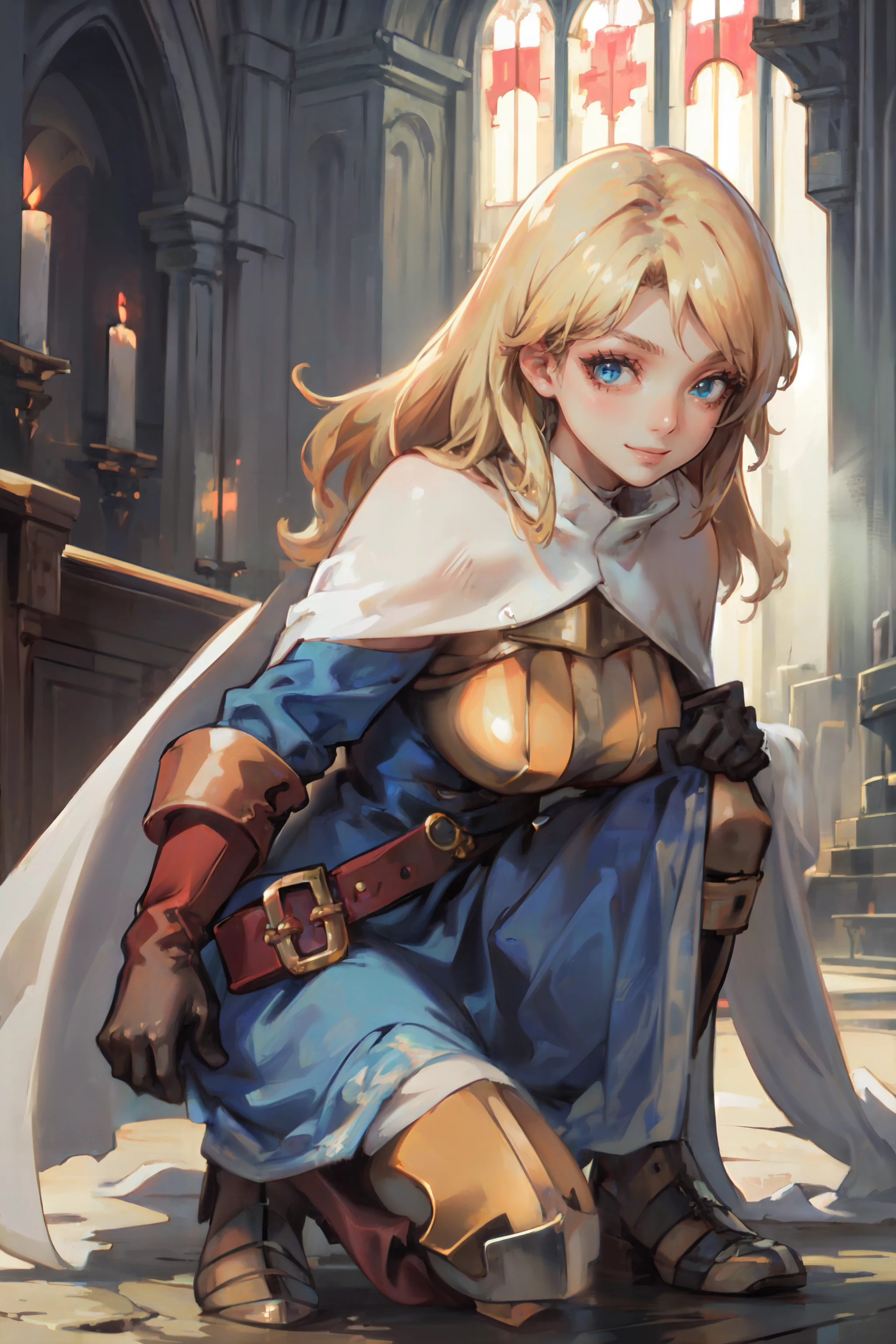 (masterpiece, best quality, ultra detailed, beautiful illustration), atmospheric perspective, depth of field, looking at viewer, beautiful detailed eyes, anime eyes:1.4, (portrait, close-up:1.1), action pose, dynamic angle, (indoors, church, altar, god rays, on one knee), 1girl, smile, (large breasts), <lora:FinalFantasy_FemaleKnight:1>, KnightFFT, long hair, blonde hair, blue eyes, cape, armor, blue dress, belt, gloves, boots,